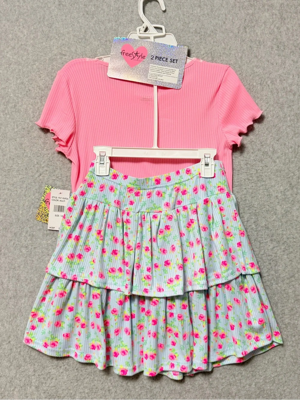 Freestyle Girls Skort and Tee Set NWT Size 10 Pink Blue Floral Ribbed